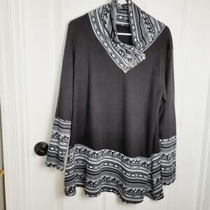 Miusey Top Womens Large Black Tunic Cowl Neck Button Fitted Aztec Southwestern